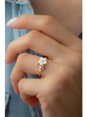 Silvano Jewelry 925 Ayar Gümüş Gold Kelebek Sedefli Yüzük