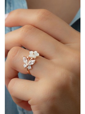 Silvano Jewelry 925 Ayar Rose Gümüş Kelebek Sedefli Yüzük