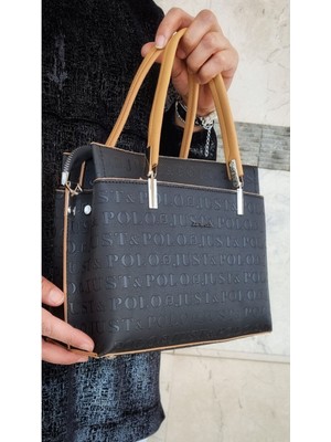 Just Polo Kadın Siyah Camel 5 Bölmeli Gofraj Baskılı El ve Omuz Çantası JPM4045 Siyah Camel