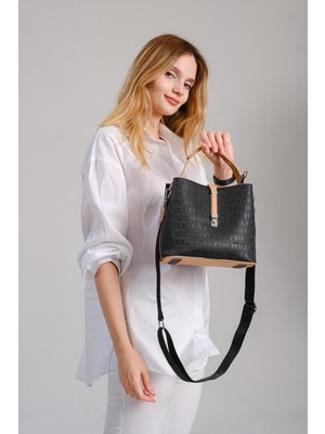 Just Polo Kadın Gofraj Baskılı Kilit Detaylı Vegan Omuz ve El Çantası JPM4002 Siyah Taba