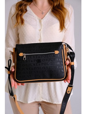 Just Polo Kadın Gofraj Baskılı Vegan Çapraz Omuz Çantası JP-4013-00 Siyah Taba Camel