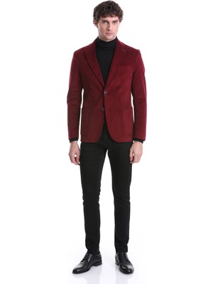 Hatemoğlu Bordo Slim Fit Düz Mono Yaka Pamuklu Kadife Ceket