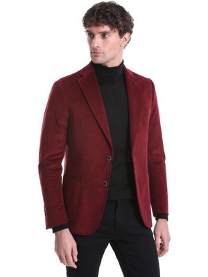 Hatemoğlu Bordo Slim Fit Düz Mono Yaka Pamuklu Kadife Ceket