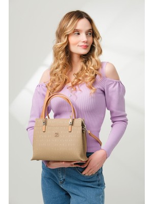 Just Polo Kadın Vizon 5 Bölmeli Gofraj Baskılı El ve Omuz Çantası JPM4045 Vizon Camel