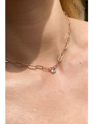 Glamie Jewelry 925 Ayar Rose Kaplamalı Tek Taş Gümüş Choker Kolye