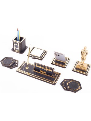 Ofistike Space+ Atatürk Biblolu Ahşap Masa Isimliği Seti Mermer Desenli Ofis Dekoratif Masa Üstü Isimlik