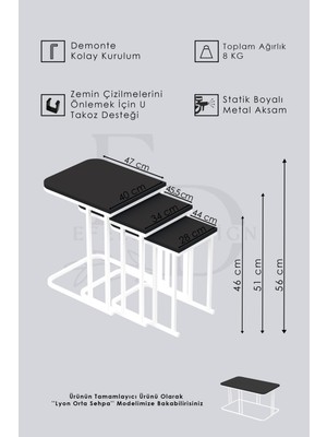 Efelez Design Lyon 3'lü C Zigon Sehpa Siyah Metal - Barok Tabla