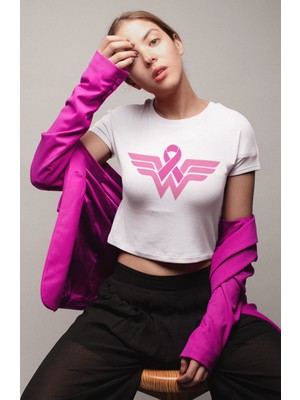 Fuddy Moda Pembe Kurdele Baskılı Crop Top, Kadın Baskılı Crop Bluz