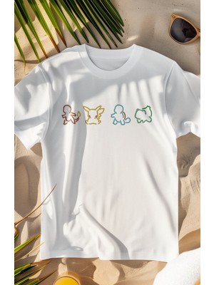 Fuddy Moda Unisex Minimal Pokemon Baskılı T-Shirt, Oversize Pokemon Baskılı Tişört