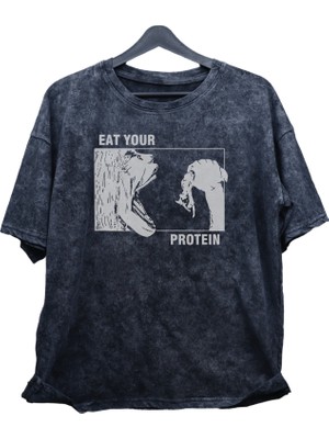 Fuddy Moda Unisex Eat Your Protein Yazılı Yıkamalı T-Shirt, Oversize Aot Anime Baskılı Retro Tişört