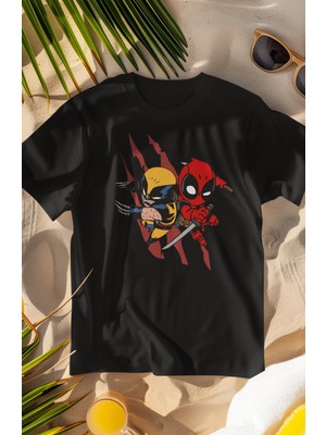Fuddy Moda Unisex Mini Deadpool ve Wolverine Baskılı T-Shirt, Oversize Film Baskılı Tişört