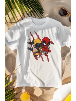 Fuddy Moda Unisex Mini Deadpool ve Wolverine Baskılı T-Shirt, Oversize Film Baskılı Tişört