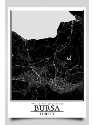 Bursa Şehir Haritası Çerçevesiz Poster-Harita Sanatı, Map Art Design