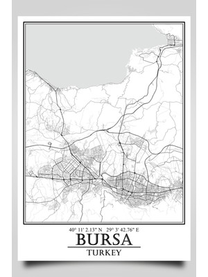 Bursa Şehir Haritası Çerçevesiz Poster-Harita Sanatı, Map Art Design