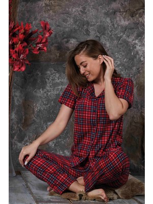 Sude Homewear Kadın Kırmızı Ekose Desenli Kısa Kol Pijama Takımı