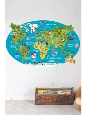 Kt Grup Ingilizce Hayvanlı Dünya Haritası Kıtalar ve Okyanuslar Eğitici Çocuk Odası Duvar Sticker