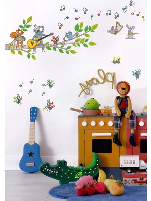 Kt Grup Ağaçlı Müzik Orkestrası ve Gitar Çalan Kedi Çocuk Odası 100 Parça Duvar Sticker Seti