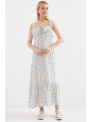 Bigdart 2237 Desenli Askılı Viskon Elbise - Mavi