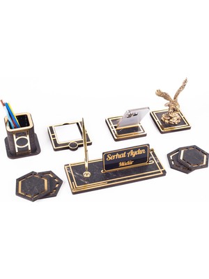 Ofistike Space + Kartal Biblolu Ahşap Masa Isimliği Seti Mermer Desenli Ofis Dekoratif Masa Üstü Isimlik