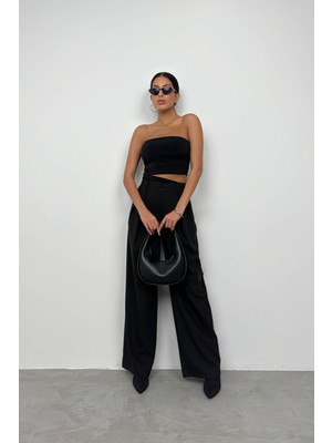 Black Fashion Asimetrik Straplez Crop