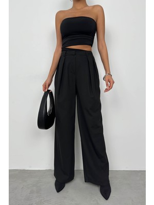 Black Fashion Asimetrik Straplez Crop