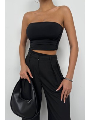 Black Fashion Asimetrik Straplez Crop