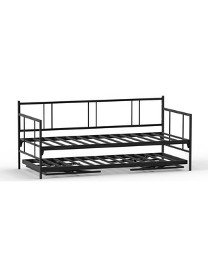 Bedliga Forte Yavrulu Karyola Daybed Tek-Çift Kişilik Metal Karyola+Yatak Seti Siyah