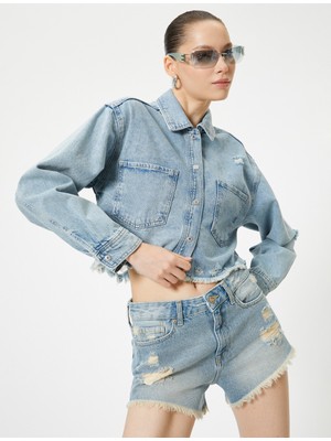 Koton Mini Kot Şort Yıpratılmış Rahat Kalıp Cepli