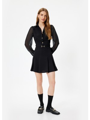 Koton Pileli Mini Elbise Tül Uzun Kollu A Kesim Gömlek Yaka Düğmeli