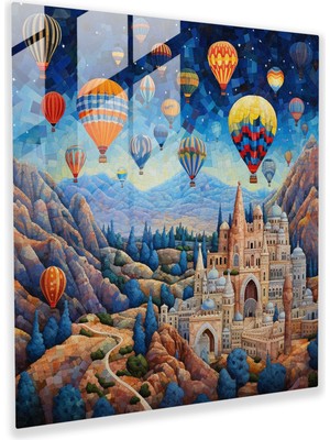 Painted Anarchy Kapadokya'nın Peri Bacalarının Üstündeki Sıcak Hava Balonlarının Ilginç Cam Baskısı - Mozaik Cam Duvar Sanatı, 50X50