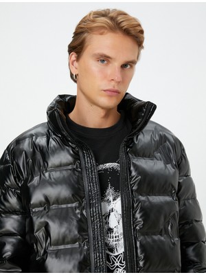 Koton Şişme Mont Deri Görünümlü Fermuarlı Dik Yaka