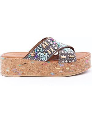 Derinet Hakiki Deri Taşlı Kadın Terlik