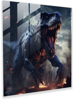 Painted Anarchy Zarif Cam Baskı - Fütüristik Şehir Cam Duvar Sanatında Şiddetli T-Rex - Çarpıcı Ev Dekorasyonu, 30X30