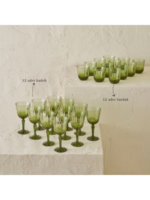 Bella Maison Desensiz Cam Bardak ve Kadeh Seti 24 Parça Yeşil Kahve Çay Servis Takımı