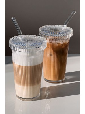 Mis Kitchen 2 Adet Cam Pipetli 400 ml Içecek Bardağı - Cam Kapaklı Pipetli Soğuk , Sıcak Kahve Bardağı