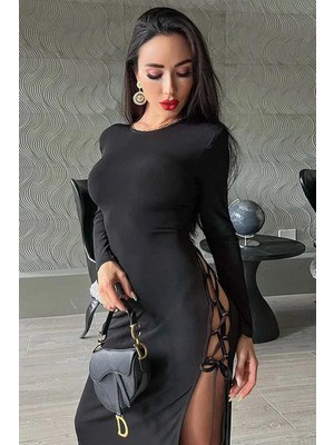 Pink Life Siyah Uzun Kollu Full Sırt Dekolteli Maksi Elbise
