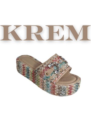 Yaz Kış Ayakkabı Yazkış Kadın Hasır Renkli Dolgu Topuk Taşlı Terlik