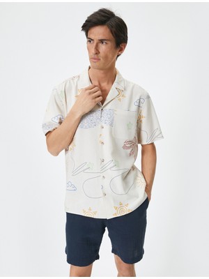 Koton Yazlık Gömlek Desenli Devrik Yaka Cep Detaylı Keten Karışımlı