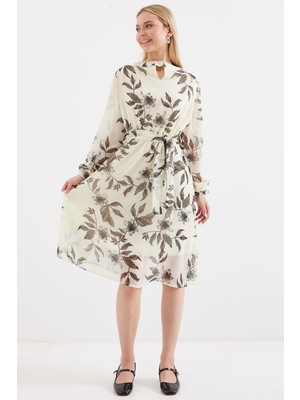 Bigdart 2459 Astarlı Desenli Tül Elbise - Ekru