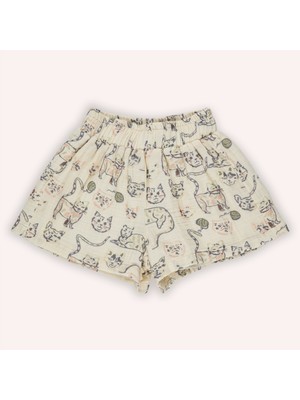 Panço Kız Çocuk Müslin Şort Sevimli Kedi Deseniyle Rahat Kullanım İçin Tasarlandı