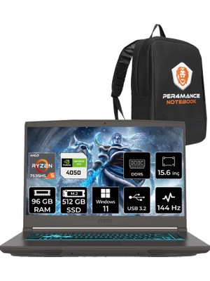 Msı Thin A15 Amd Ryzen 5 7535HS 96GB 512GB SSD RTX4050/6GB 15.6" Fhd 144Hz W11P Taşınabilir Bilgisayar B7VE-076XTR & Per4 Çanta B7VE076XTRP417