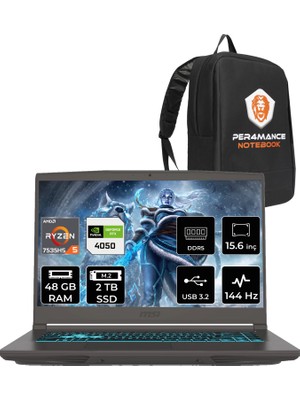 Msı Thin A15 Amd Ryzen 5 7535HS 48GB 2tb SSD RTX4050/6GB 15.6" Fhd 144Hz Fdos Taşınabilir Bilgisayar B7VE-076XTR & Per4 Çanta B7VE076XTRP329