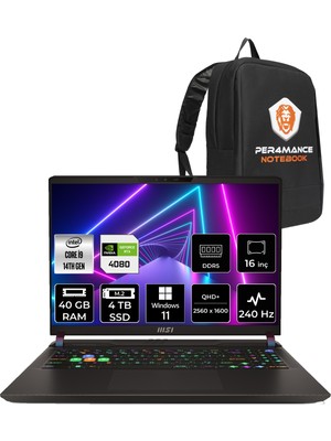 Msı Vector 16 Intel Core I9-14900HX 40GB 4tb SSD RTX4080/12GB 16" Qhd+ 240Hz W11H Taşınabilir Bilgisayar A14VHG-497XTR & Per4 Çanta A14VHG497XTRP365