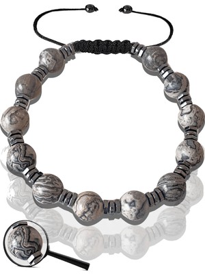 Tesbih Atölyesi Sertifikalı Silver Hematitli Doğal Gri Harita Jasper Taşı Bileklik - Ayarlamalı