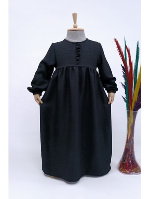 Betül Akbay Kız Çocuk Keten Elbise Zehra Model Uzun Tesettür Elbise Siyah Renk