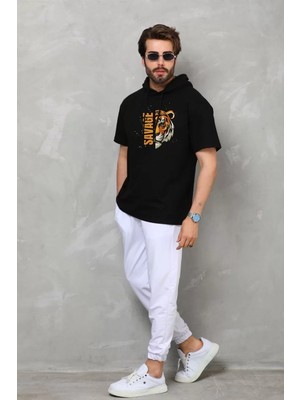 Tarz Yeri Unisex Kapşonlu Kısa Kol Oversize Baskılı T-Shirt - Siyah
