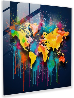 Painted Anarchy Boya Sıçramalı Dünya Haritası Cam Baskı - Dünya Haritası, Ev Dekorasyonu, Duvar Dekorasyonu, Cam Sanatı, 30X30 cm