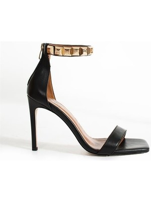 Follini Kadın Siyah Deri Bilek Detaylı Topuklu Ayakkabı Siyah