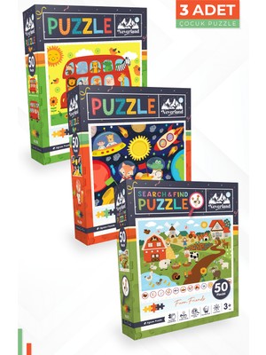 Neverland 3 Adet 50 Parça Puzzle -  Hayvanlarla Otobüs ve Ay Hayvanları ve Ara ve Bul Çiftlik Arkadaşları