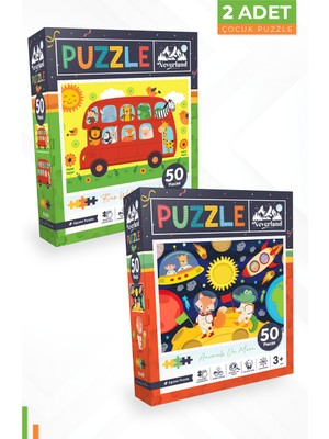 Neverland 2 Adet 50 Parça Puzzle - Hayvanlarla Otobüs ve Ay Hayvanları